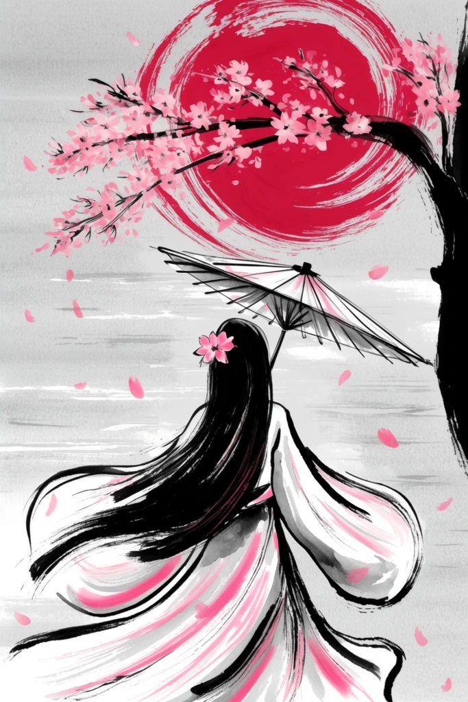 A stylized ink wash painting depicts a woman viewed from behind, holding a paper parasol amidst falling cherry blossom petals. She has waist-length black hair adorned with a pink blossom and wears billowing white robes defined by expressive black and pink brushstrokes. To the right, a bold black tree trunk extends a branch heavy with pink blooms across a massive, swirling crimson brushstroke resembling a stylized sun. The scene is set against a textured light grey expanse with subtle horizontal lines suggesting mist or water. The composition utilizes dynamic, sweeping lines and a minimalist grayscale palette punctuated by striking crimson accents.