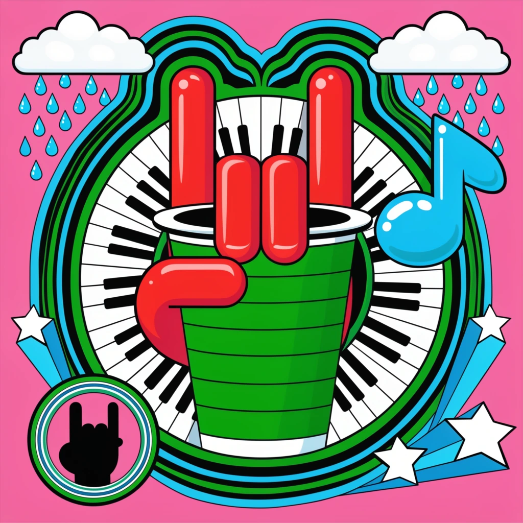 A vibrant pop-art vector illustration featuring a stylized red hand gripping a large green striped cup in a rock-and-roll horn gesture, set against a bright pink background. The glossy, tubular red fingers wrap around the oversized cup, framed by a curved piano keyboard circling the central motif. Psychedelic swirling green, cyan, and black concentric outlines radiate outward. Symmetrical white clouds with cyan raindrops float at the top, and a glossy blue musical note bubble hovers nearby. Geometric cyan and white stars shoot from the lower edges alongside a circular medallion containing a dark hand silhouette mirroring the rock gesture. The composition features bold black outlines, flat vivid colors, and smooth highlights typical of retro-psychedelic poster aesthetics.