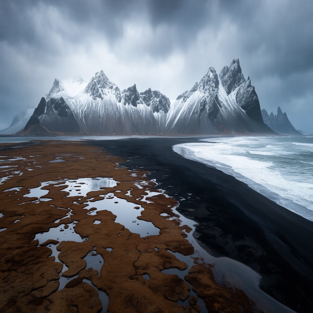 jagged snow-capped mountain peaks, sweeping black sand beach, brown coastal marsh with reflective tidal pools, white ocean waves, heavy overcast sky, wide-angle landscape photography, moody atmosphere