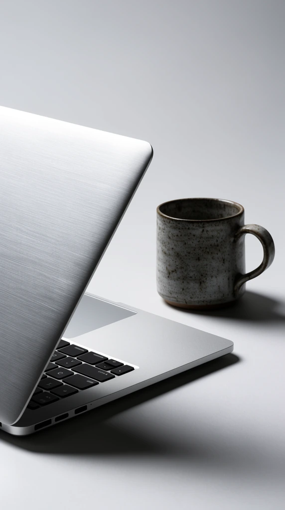 partially open silver aluminum laptop with brushed metal finish and black keyboard, rustic speckled grayish-brown ceramic mug positioned to the right, seamless light gray studio backdrop, soft diffused lighting, dramatic cast shadows, modern minimalist product photography