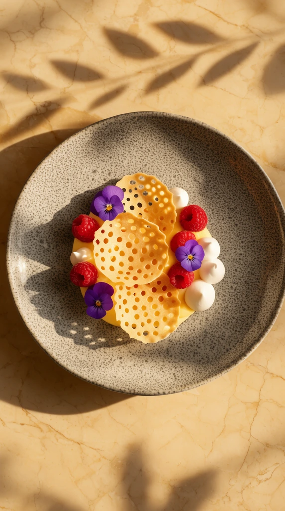Gourmet plated dessert on speckled grey ceramic, perforated wafers on yellow cream, raspberries, purple pansies, piped meringue drops, beige marble, warm golden sunlight, sharp foliage shadows, top-down food photography