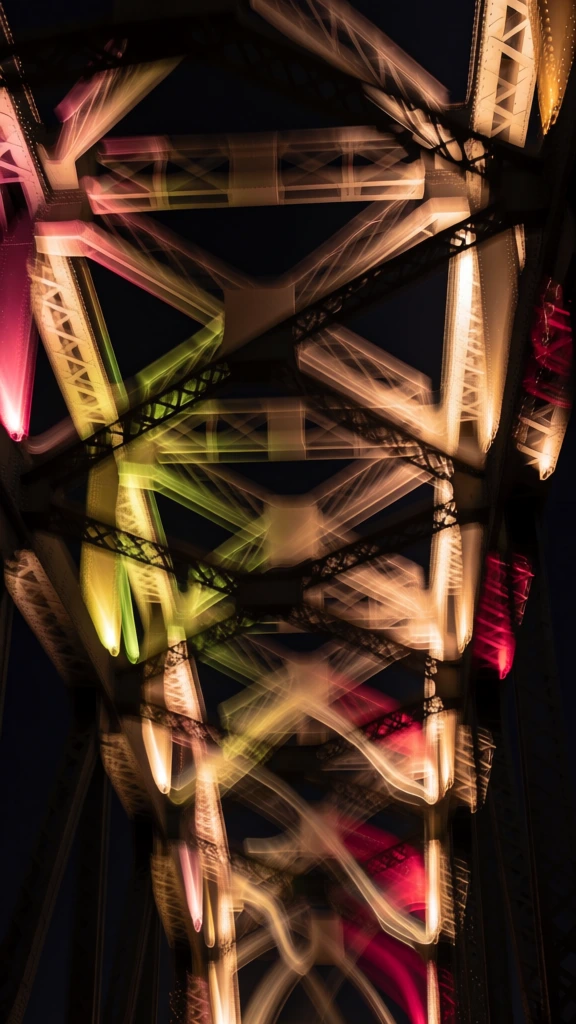 long exposure with intentional camera movement of a complex steel bridge structure with intersecting beams and girders from a low-angle perspective, kinetic light painting, fluid motion-blurred light trails in warm amber, chartreuse, and deep magenta against a pitch-black background, ethereal smearing of industrial geometry, high-contrast chiaroscuro, luminous highlights, velvety shadows, rhythmic overlapping of structural forms, cinematic grain, abstract metallic luminosity.