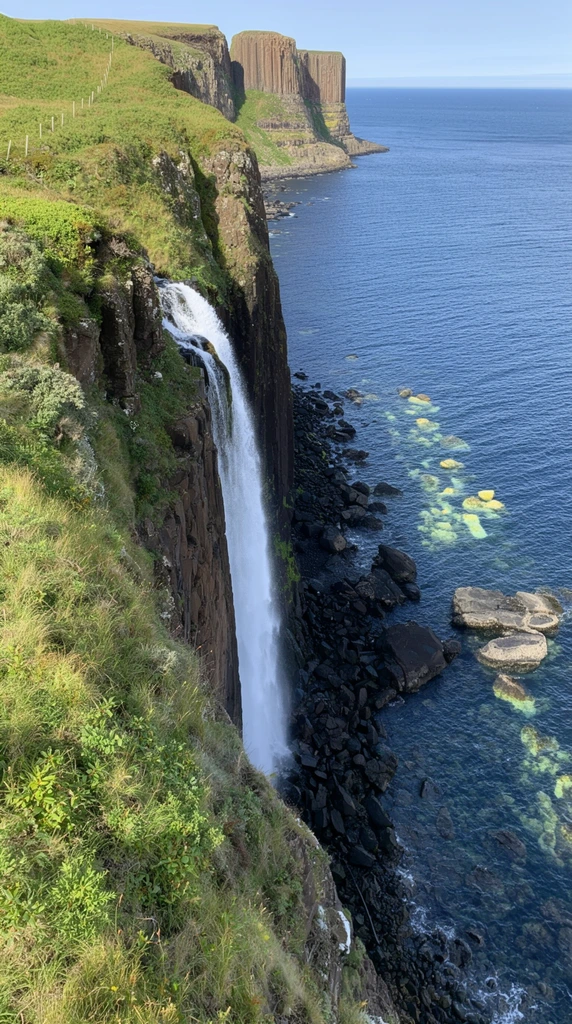 A dramatic coastal waterfall plunges over a sheer cliff directly into the deep blue ocean. The towering vertical rock face features dark, striated formations and distant columnar basalt headlands. A continuous stream of white, foaming water free-falls down the steep precipice. The cliff top is blanketed in vibrant green grass, low-lying shrubs, and a thin wire fence tracing the undulating edge. At the base, a rugged shoreline of dark boulders meets the water, where submerged rocks glow pale greenish-yellow beneath the clear shallows. The vast ocean stretches toward a flat horizon under a clear sky. Shot from a high vantage point looking down the rugged coastline, the daytime scene is bathed in bright, natural sunlight highlighting the stark stone textures and translucent waters.