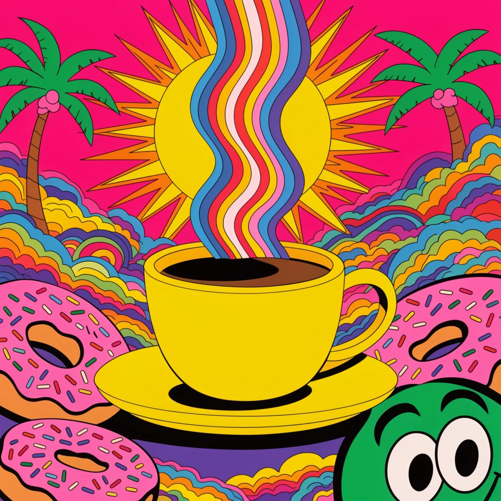 bright yellow coffee cup on a matching saucer, thick wavy multicolored steam ribbons rising from dark liquid, psychedelic pop art landscape, hot pink sky, large yellow sun with sharp rays, green palm trees, colorful swirling clouds, pink frosted donuts with sprinkles, cartoon green face peeking from the bottom right, bold black outlines, vibrant flat highly saturated colors, surreal vector illustration