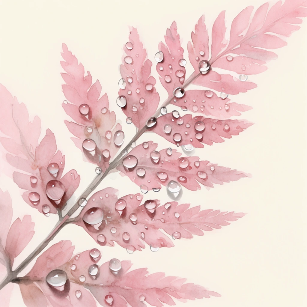 A delicate watercolor painting of a dusty rose fern frond covered in highly realistic, three-dimensional water droplets. Extending diagonally from the lower left across a pale cream background, the botanical subject features translucent washes of blush pink and subtle grey-brown along its central stem. The clear droplets cling heavily to the delicately serrated leaflets, each rendered with crisp white highlights and soft drop shadows that contrast strikingly with the ethereal, loose brushwork of the pink foliage.