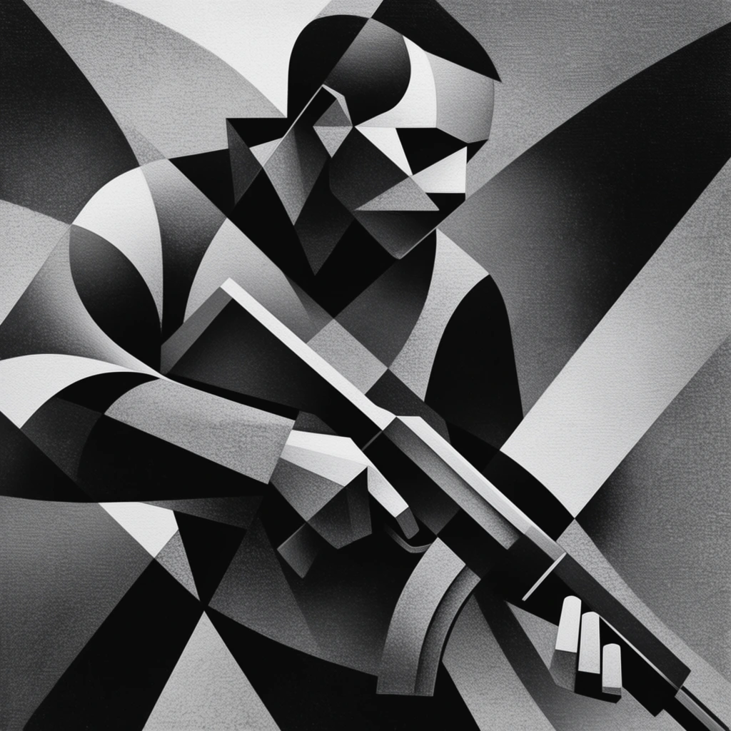 A fragmented, geometric abstract depiction of a person holding a weapon, rendered entirely through high-contrast monochromatic intersecting planes. The figure and the weapon are constructed from sharply angled polygons, swooping curves, and overlapping facets that fracture their forms into a cubist arrangement. Stark black, medium grey, and bright white gradient shading fills the individual geometric shapes, creating an intense chiaroscuro effect that gives volumetric depth to the otherwise flat planes. The background seamlessly integrates with the subject through large, sweeping geometric shards of alternating dark and light grey, locking the figure and environment together. A distinct, fine woven canvas texture combined with a gritty, printmaking-style stippling covers the entire composition. Crisp, razor-sharp edges separate the deep black geometric voids from the smooth, gradient-shaded surfaces, fusing the human figure, the weapon, and the background into a unified structural matrix of strict grayscale geometry.