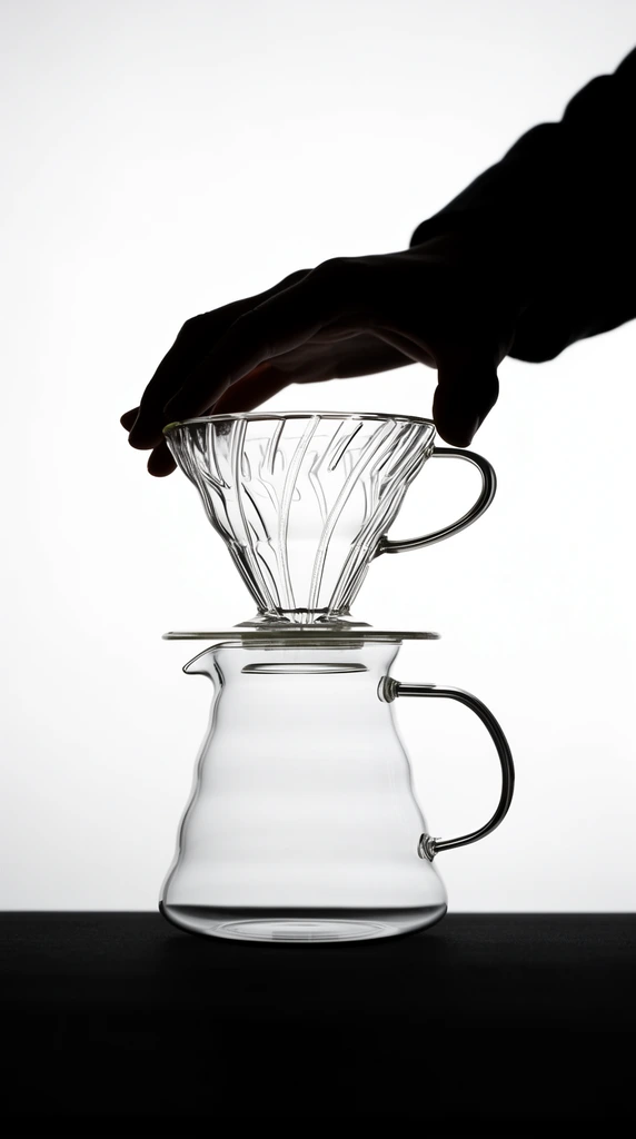 Silhouetted hand holding clear glass coffee dripper above transparent carafe, stark white backlit background, high contrast minimalist photography