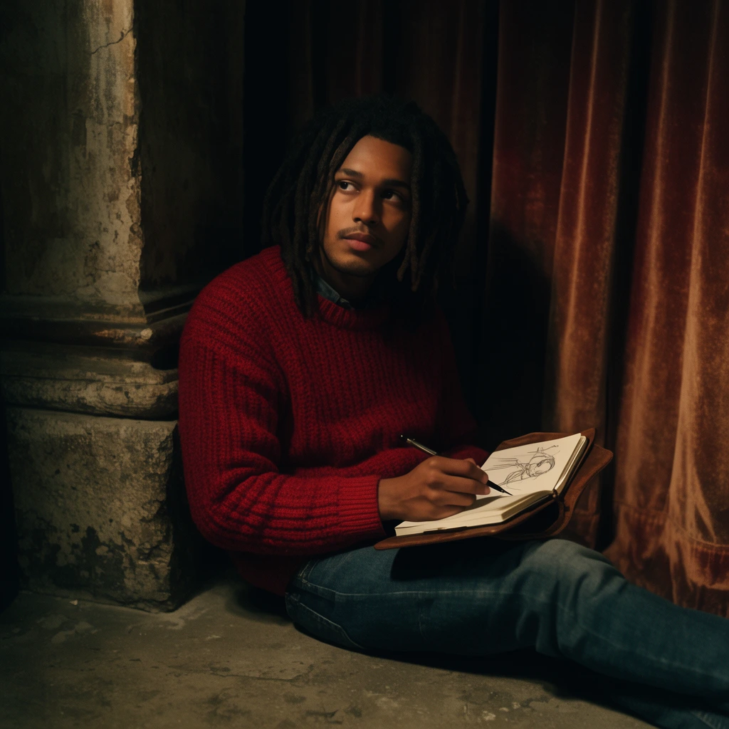 A young man with dreadlocks sits on a concrete floor inside a dimly lit theater, sketching in a leather journal. Wearing a chunky red sweater, he leans against a stone pillar, gazing thoughtfully into the shadows. Faded velvet drapes enclose the right side. Warm, low-key cinematic lighting softly illuminates his face against the deep darkness, establishing a moody, claustrophobic atmosphere captured with a grounded camera angle.