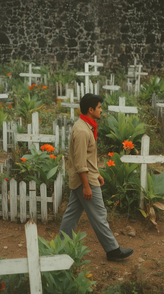 man walking through an overgrown cemetery in profile, wearing a tan shirt, grey trousers, bright red neck scarf, surrounded by clustered rustic white wooden crosses, small wooden picket fences enclosing grave plots, lush green broad-leafed plants, vibrant orange flowers, imposing dark textured stone wall in the background, earthen terrain, cinematic photography, 35mm film aesthetic, soft natural daylight, muted earthy tones contrasting with vivid red and orange accents, wide shot, subtle film grain