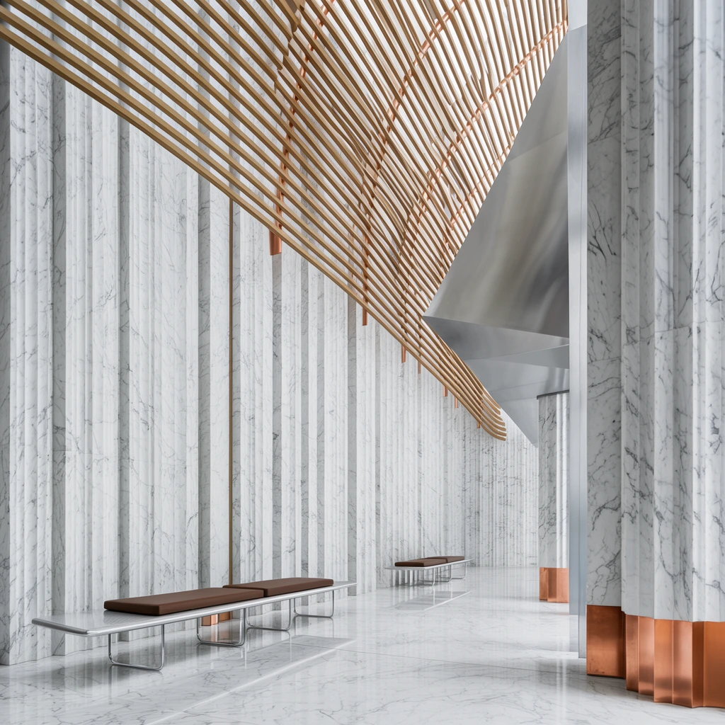 towering white marble walls with deep vertical flutes and grey veining, sweeping curved canopy of thin parallel wooden slats forming an awning, flat minimalist benches with brown cushions and chrome legs, highly polished white marble floor, copper block accents at the base of marble pillars, metallic angled overhang above, bright diffused daylight, pristine contemporary architectural design, high-end interior, architectural photography