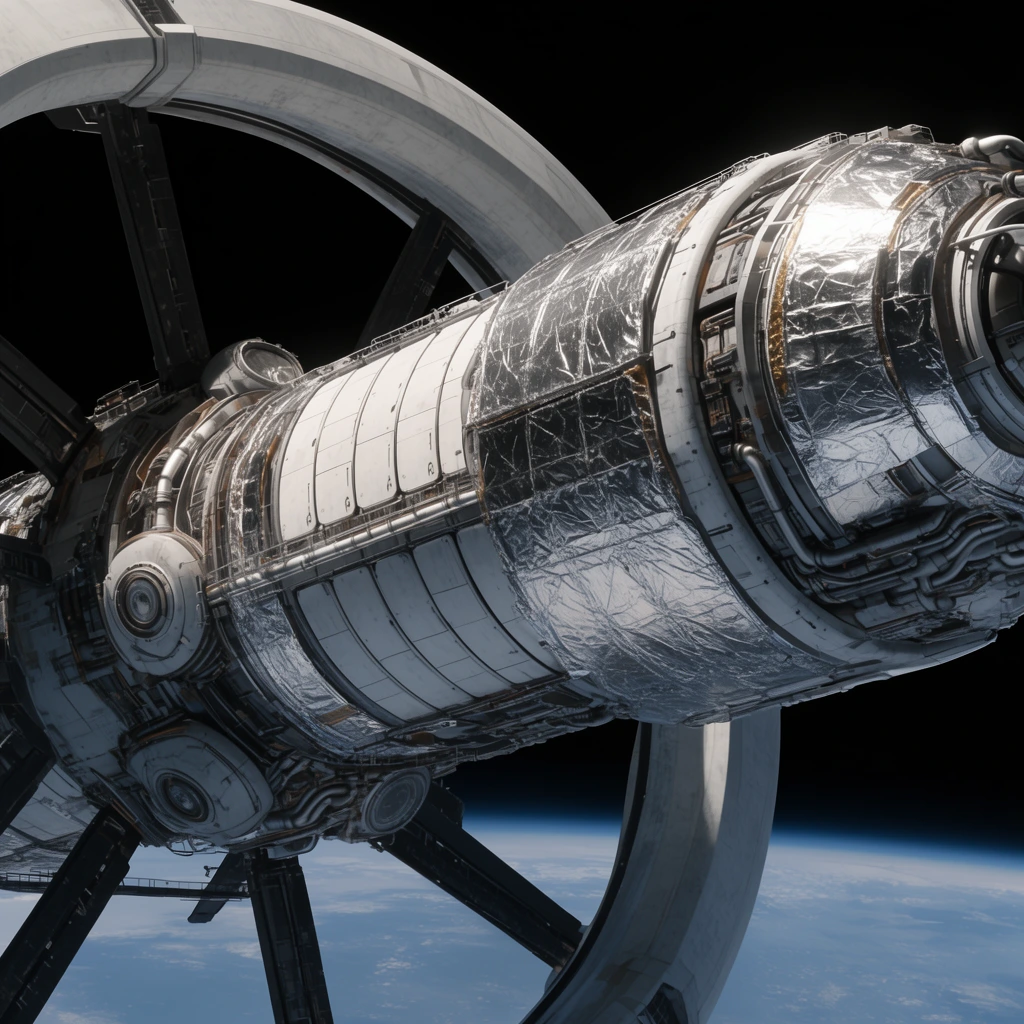 A massive modular spacecraft suspended in deep space above the curved horizon of a blue planet. The highly detailed ship features a central cylindrical core with segmented white metallic panels and sections wrapped in wrinkled silver thermal foil. A sweeping pale grey outer structural ring curves around the core, connected by thick dark radial struts. Intricate mechanical pipes, conduits, and circular access ports cover the hull. Photorealistic cinematic lighting creates sharp bright highlights and dramatic deep shadows across the complex industrial design.