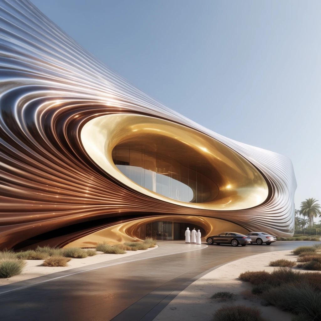 A sweeping futuristic building features an undulating facade with a ribbed metallic texture transitioning from bronze to silver. A massive golden elliptical cutout dominates the center, revealing a recessed glass-walled interior. The structure rests beside a curving paved driveway leading to a ground-level entrance where figures in white robes stand near two modern cars. Sandy patches with low desert shrubs border the foreground against distant palm trees and a clear blue sky. The hyper-realistic architectural rendering uses a dynamic wide-angle perspective and bright sunlight to emphasize the fluid, parametric design and highly reflective warm gradients.