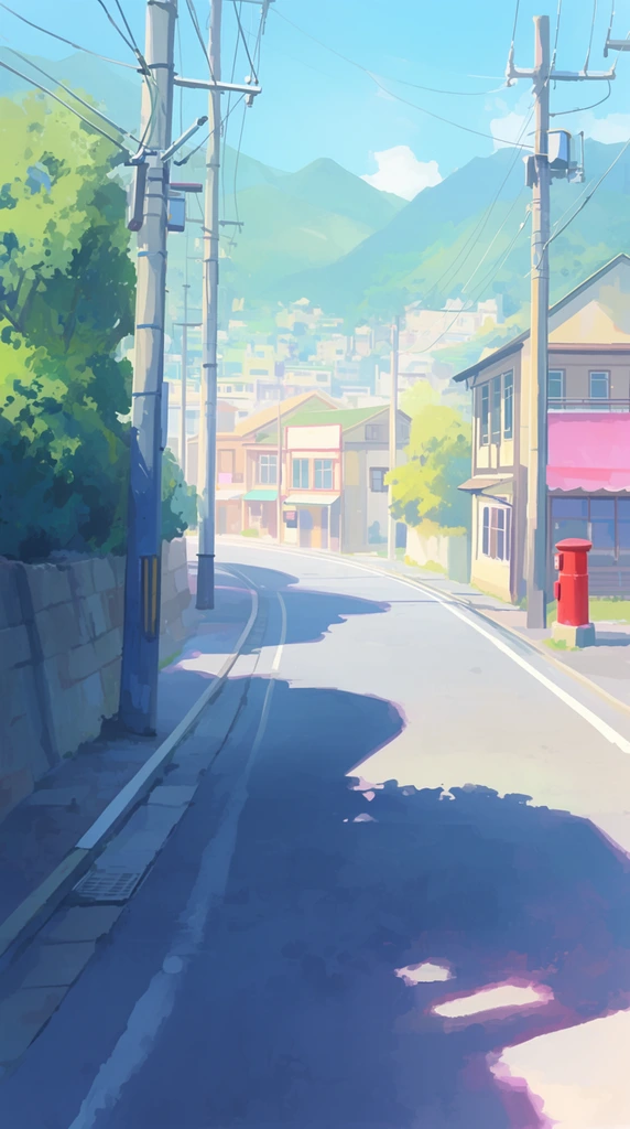 empty curving street, deep foreground shadows, bright sunlit background, utility poles, red postbox, town buildings, distant mountains, pastel anime style digital painting