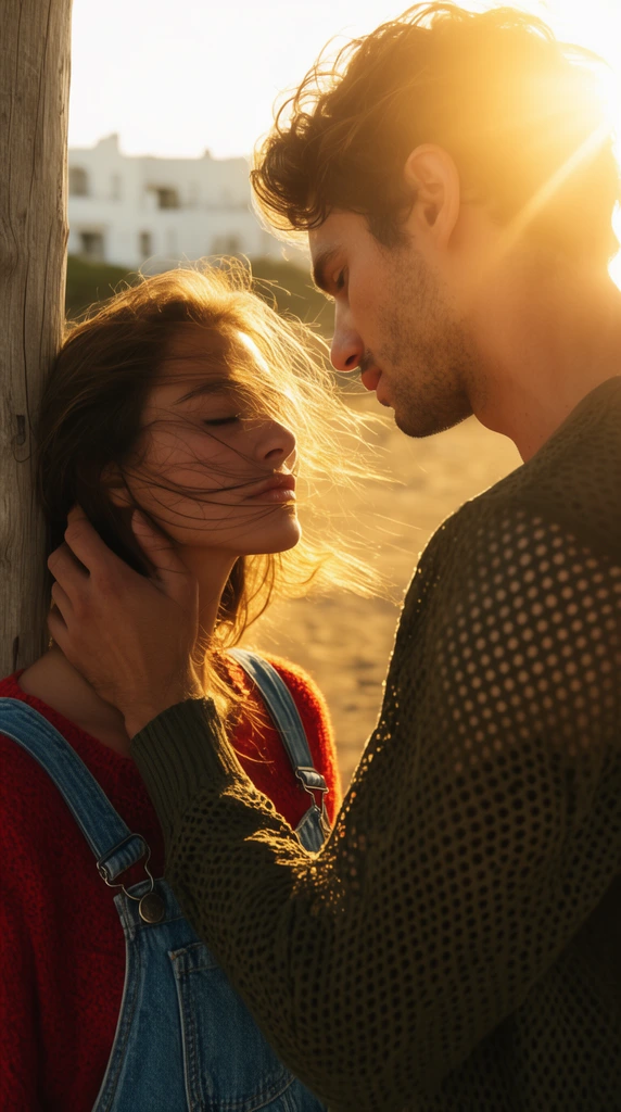 An intimate portrait of a couple bathed in intense golden backlighting. A woman with windblown brown hair leans against a wooden post with closed eyes, wearing denim overalls and a red sweater. A man in an olive mesh shirt gazes down, gently holding her neck. The cinematic shot features a dramatic lens flare from the sun behind the man's head, blurring the sandy landscape and distant white buildings.