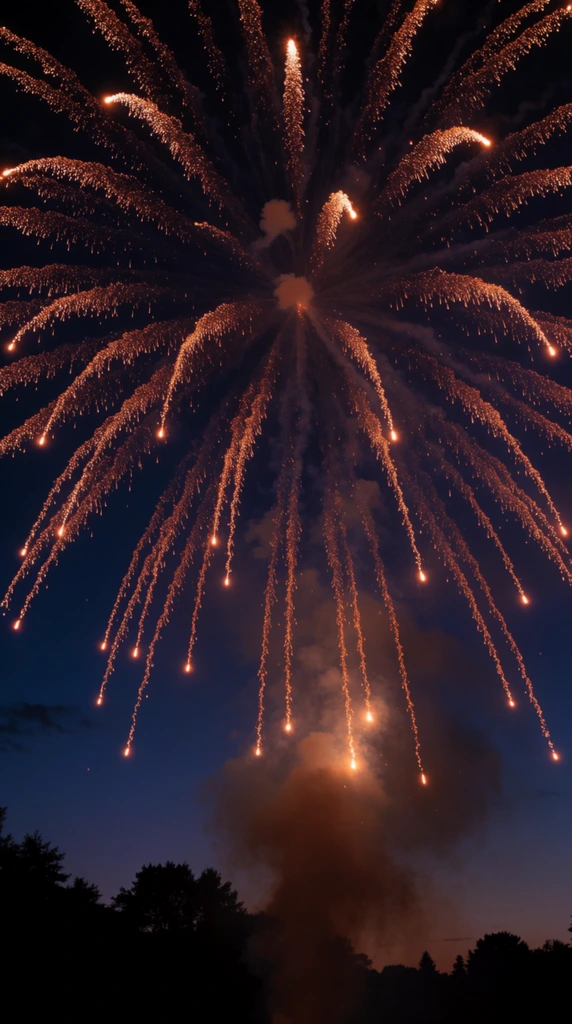A massive copper-orange firework bursts across a deep twilight sky, sending cascading trails of glowing sparks downward in a radial pattern. The fiery tendrils dominate the upper frame, contrasting sharply against the dark indigo gradient of the night. Soft, illuminated smoke lingers beneath the explosion, catching the warm ambient light. Along the bottom edge, black silhouettes of a treeline anchor the scene. Shot from a low angle looking upward, the high-contrast night photography captures the fleeting brilliance of the pyrotechnic display.