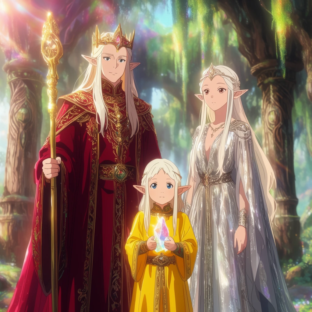 Three elven royalty stand together in a sunlit ancient tree sanctuary rendered in a luminous anime style. A tall king in ornate crimson robes holds a golden staff beside a queen wearing flowing silver silk. Between them a young elven child in a bright yellow tunic grasps a glowing crystal. Radiant cinematic lens flares and soft pastel lighting wash over the carved wooden pillars and hanging glowing moss in the softly blurred background.