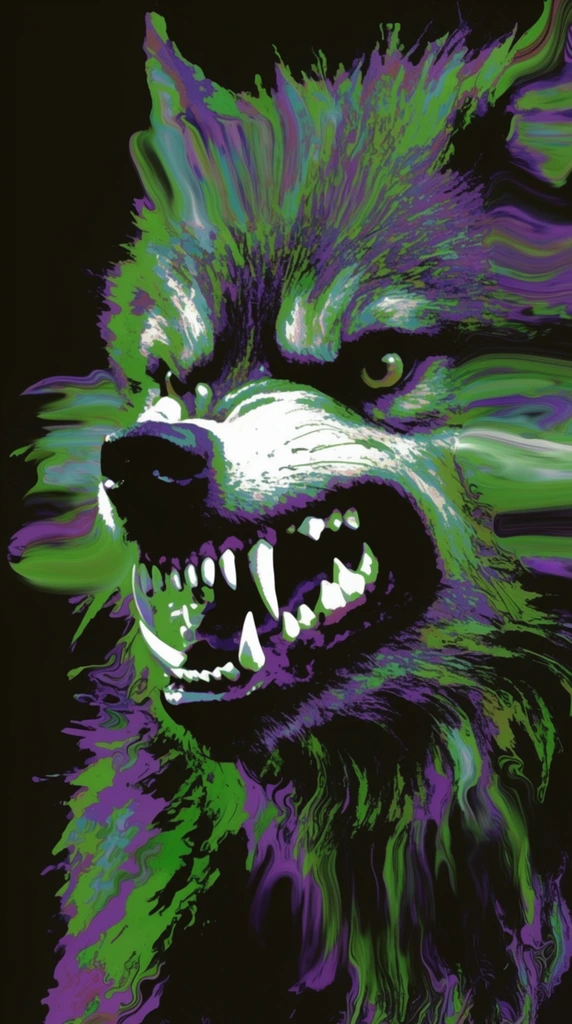 A close-up portrait of a werewolf showing its teeth, rendered in a heavily distorted, high-contrast psychedelic glitch art style. The werewolf's snarling snout and exposed fangs gleam with harsh white highlights against stark pitch-black shadows within its open maw. The creature's jagged fur dissolves into chaotic, liquified streaks of vibrant acid green and deep violet. Wavy, heavily smudged digital textures pull the edges of the mane outward into fluid-like, sweeping smears that warp aggressively across the composition. Extreme posterization creates stark, unblended color transitions between the intense neon green, vibrant purple, piercing white, and the solid, inky pitch-black background. The aesthetic mimics a thresholded graphic illustration heavily manipulated with fluid digital liquefaction and pixel-stretching visual artifacts.