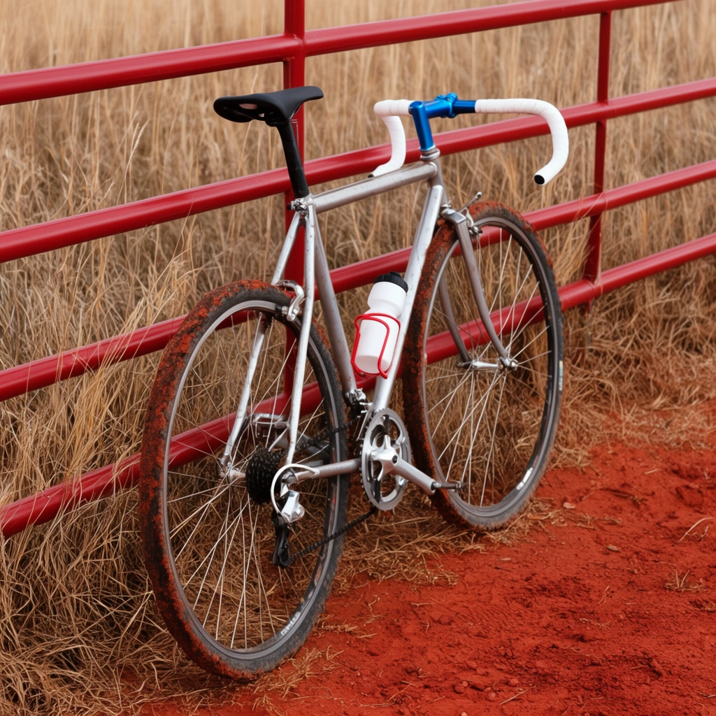 silver bicycle leaning against a red tubular metal fence, white taped drop handlebars, blue stem, white water bottle in red cage, muddy tires, dry tall grass, red dirt, natural lighting