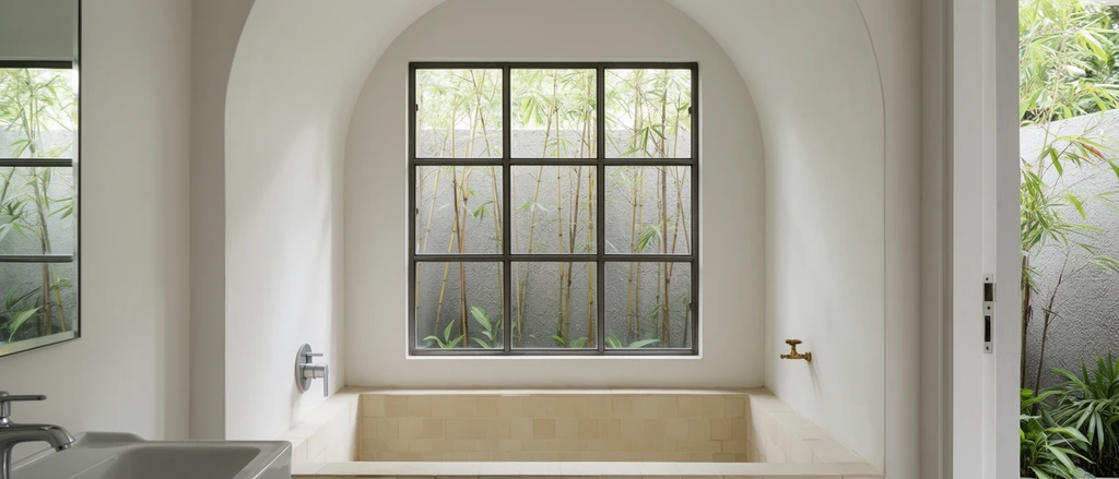 A sunken bathtub lined with pale beige square tiles sits within a deep, smooth white arched alcove. Centered above the tub, a dark metal nine-pane window frames a view of slender bamboo stalks and green foliage against a textured gray exterior wall. A minimalist silver shower valve and a small brass fixture accent the pristine walls of the enclosure. In the lower left foreground, a white sink and silver faucet rest beneath a partially visible mirror. An open doorway on the right reveals additional tropical greenery. Soft, diffused daylight fills the minimalist architectural space, casting gentle shadows that emphasize the clean geometric lines and serene neutral color palette.