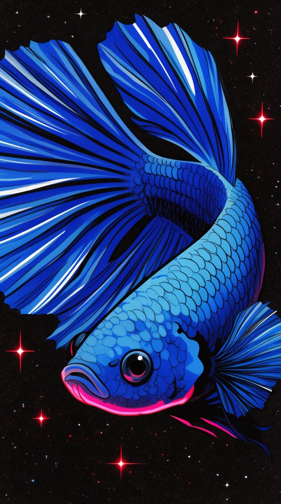 stylized blue Betta fish suspended in a cosmic void, elongated flowing fins trailing leftward, bold black outlines, vintage comic book illustration, visible halftone dot patterns, high contrast graphic art, vibrant sapphire and cyan scales, neon pink rim lighting along the lower jaw, crisp white streaks highlighting the fin rays, pitch black background scattered with glowing red and white four-point stars