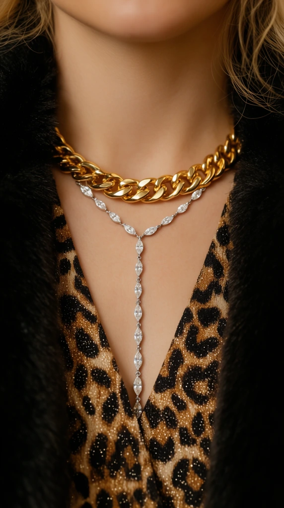 extreme close-up of a collarbone and neck, thick interlocking gold chain necklace beneath a delicate silver lariat necklace with marquise-cut stones, V-neck leopard-print top with glittery threads, heavy black coat with dark faux-fur lapels, fair skin, wisps of blonde hair, cinematic warm lighting, shallow depth of field, macro photography focusing on luxurious metallic and fabric textures
