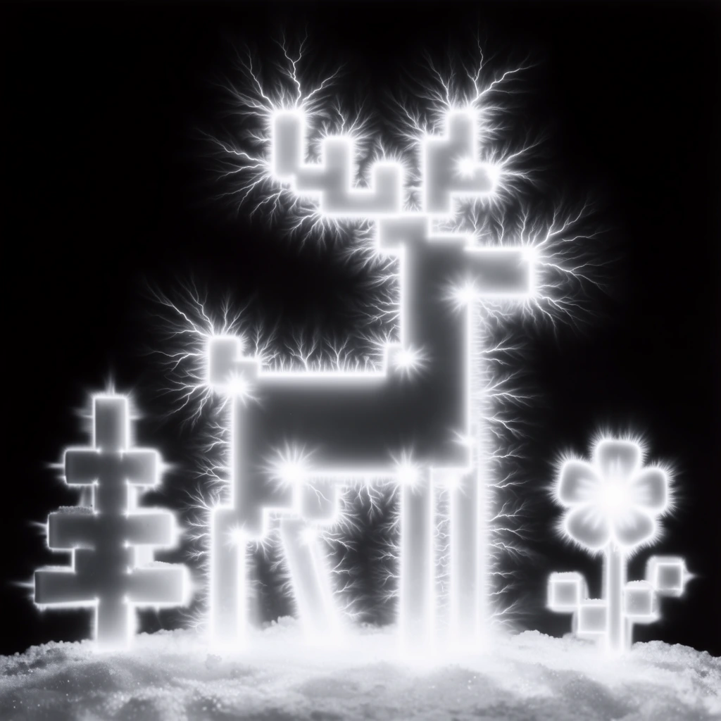 A glowing, high-voltage electrified silhouette of a blocky reindeer on a snowy base next to a blocky pine tree and a flower. The subjects appear as luminous white forms set against a pure black background. Intricate, fractal lightning tendrils and corona discharges branch outward from the blocky edges and corners. Intense white hotspots glow at structural intersections. The image mimics Kirlian electrophotography, utilizing extreme monochrome contrast, stark white electrical energy, and a stark, ethereal aesthetic.