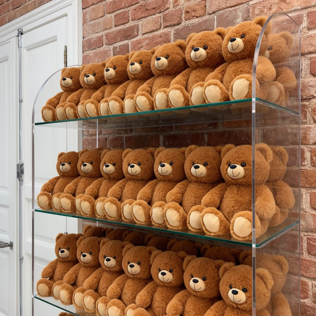 A multi-tiered clear glass shelving unit filled with dozens of identical fluffy brown teddy bears arranged closely together. The teddy bears have round faces, black button eyes, tan snouts with stitched black noses, and tan paw pads. They are seated in uniform rows across three visible glass shelves. The shelves are supported by clear, curved acrylic or glass side panels. The shelving unit stands in front of a textured wall made of reddish-brown bricks. To the left, a portion of a white double door with metal hinges and a sliding latch is visible. The lighting is bright and even, casting soft reflections on the glass surfaces and highlighting the soft texture of the teddy bears' fur.