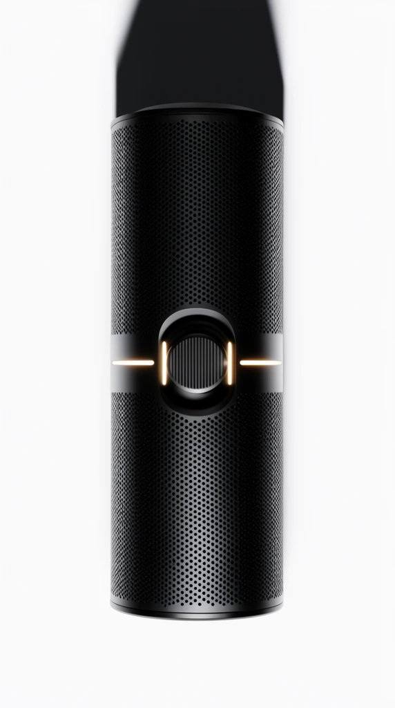 top-down view of a modern black cylindrical soundbar, pristine white background, perforated metal mesh grill, central ribbed dial, warm LED accent lights flanking center knob, thin horizontal light strip, sharp top shadow, minimalist product photography, high contrast lighting