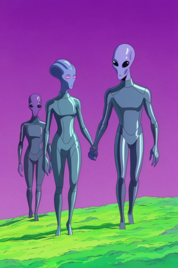 Three humanoid aliens on a neon green hill, 2D animation style, two holding hands, sleek metallic jumpsuits, glowing purple sky, flat coloring, tranquil atmosphere