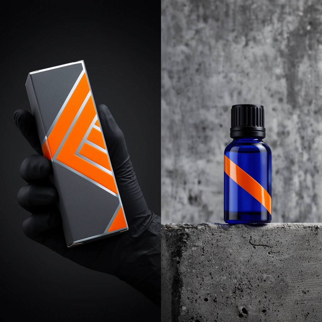 A high-end commercial diptych juxtaposes sleek product packaging with industrial textures. On the left, a hand in a matte black nitrile glove grasps a rectangular box against a seamless dark void. The box features matte dark grey panels intersected by vibrant, glossy orange geometric chevron stripes and silver accents. On the right, a small translucent cobalt blue glass bottle with a ribbed black cap sits on a rugged, porous grey concrete slab. The bottle shares the matching glossy orange angled stripe design, set against a mottled grey concrete wall. Dramatic studio lighting emphasizes the sharp contrast between the smooth, vibrant packaging elements and the rough, monochromatic background surfaces.