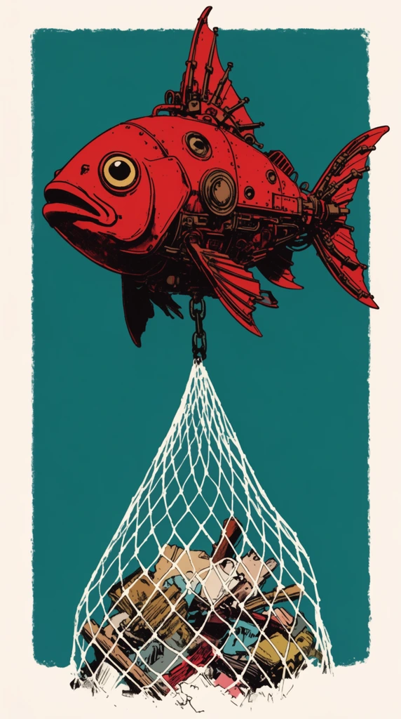 red mechanical fish submarine, retro-futuristic illustration, pulling white net filled with debris, solid teal rectangular background with rough edges, white negative space, vintage comic art style, heavy black shading, mechanical fins, flat limited color palette