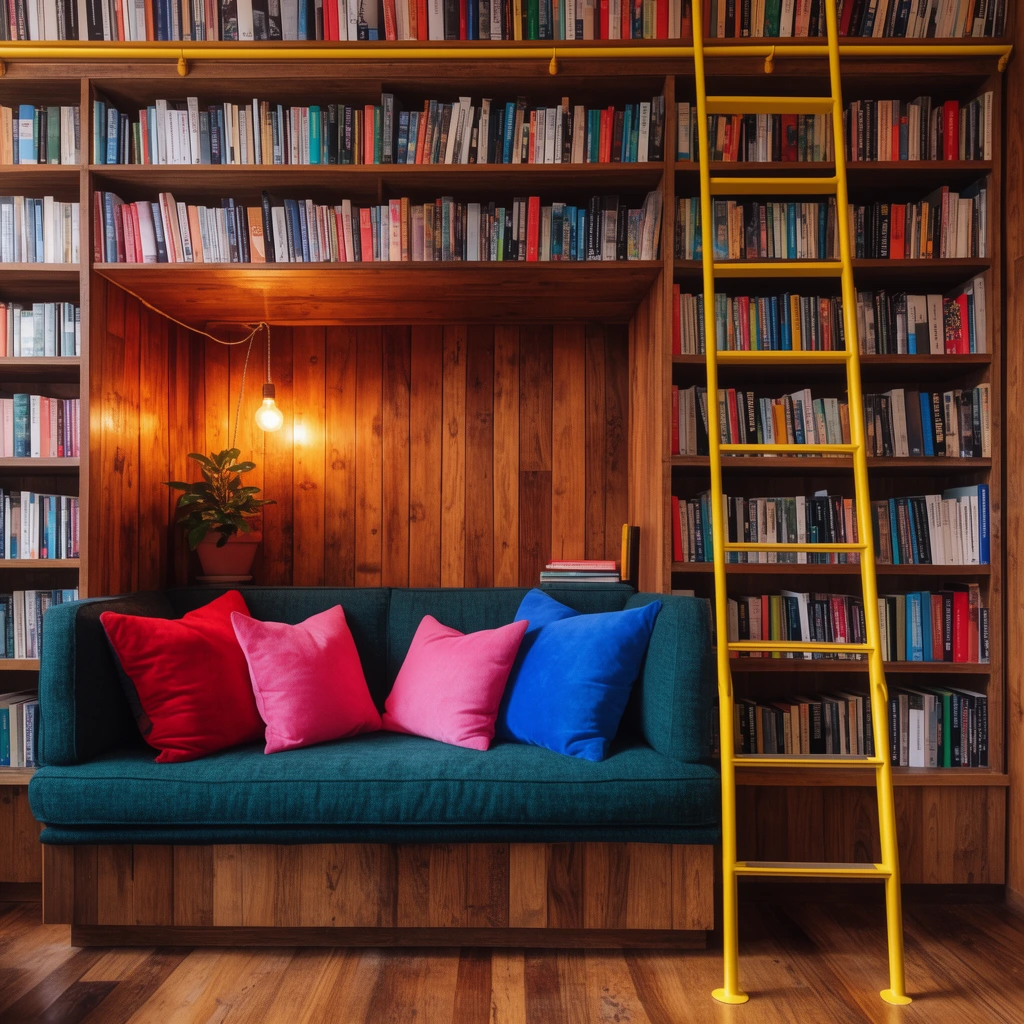 A warm, wood-paneled reading nook centered on a dark teal built-in sofa with vibrant red, pink, and blue throw pillows. Extensive floor-to-ceiling wooden bookshelves are tightly packed with colorful volumes, intersected by a bright yellow vertical metal library ladder. A hanging bare-bulb pendant illuminates vertical wood planks, a small potted plant, and rich amber tones.