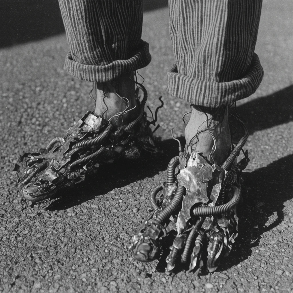 mutated feet fused with jagged scrap metal and ribbed hoses, lower legs of a person standing on coarse asphalt, rolled-up striped trousers, twisted wires protruding from bare ankles, stark diagonal shadows cast by harsh sunlight, black and white vintage photography, high contrast, gritty film grain, surreal biomechanical aesthetic