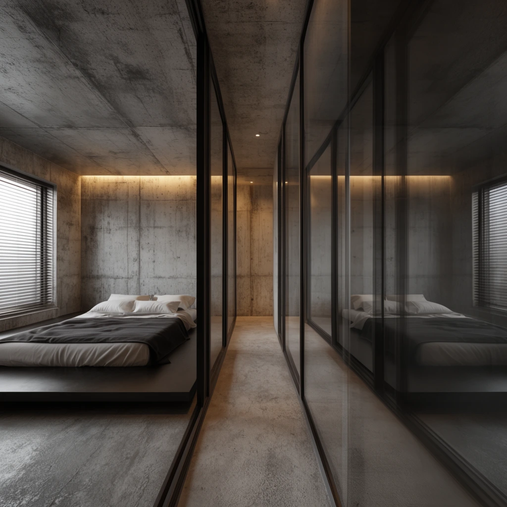 brutalist bedroom interior, narrow glass corridor, raw concrete walls, low dark platform bed, window with blinds, warm recessed lighting, reflective glass partitions, one-point perspective