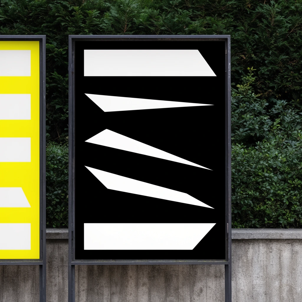 high-contrast minimalist poster on a central dark metal display stand, stark white horizontal and angled geometric shards across a solid black background, partial secondary poster to the left with white blocks on bright yellow, mounted above a low textured grey concrete wall, lush dark green hedge background, natural daylight, straight-on framing, photorealistic urban mockup