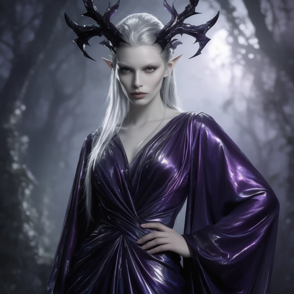 pale elven figure with striking angular features and silver hair, elaborate jagged obsidian antlers curving downwards from the head, tightly gathered iridescent deep violet liquid-silk gown with intricate draping at the waist, confident stance with hand resting on the hip, intense direct gaze, blurred misty moonlit forest background, cool silver and purple lighting, high fashion editorial photography, shallow depth of field, dramatic cinematic lighting emphasizing glossy metallic textures