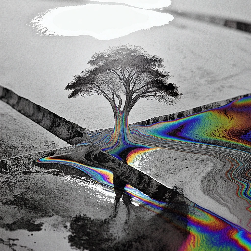 macro shot of a solitary tree emerging from sharp geometric shards, high-contrast gritty grayscale textures, vibrant iridescent oil-slick liquid coating the fractured surfaces, psychedelic rainbow hues of deep blue, acid green, and molten red, harsh overhead lighting with blown-out solarized highlights, glitch aesthetics, surreal industrial noir, ultra-detailed grain, cinematic composition, fluid melting patterns, sharp angular forms, high-fidelity atmosphere