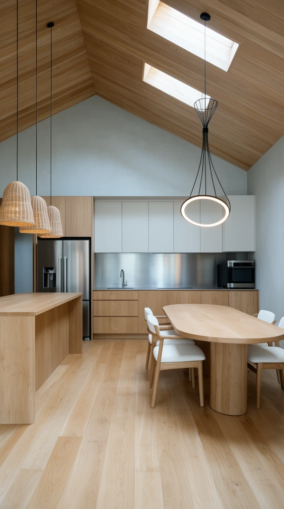 A minimalist open-plan kitchen and dining space defined by light oak surfaces and soft daylight. A pill-shaped wooden dining table with white-upholstered wood chairs anchors the right, beneath a sleek black wire pendant light featuring a glowing circular ring. To the left, a wood kitchen island is illuminated by three woven, bell-shaped pendant lights. The background reveals flush wood lower cabinets, matte white upper cabinets, a brushed metal backsplash, and stainless steel appliances. A vaulted, wood-paneled ceiling with two rectangular skylights matches the wide-plank hardwood floors and smooth pale grey walls.