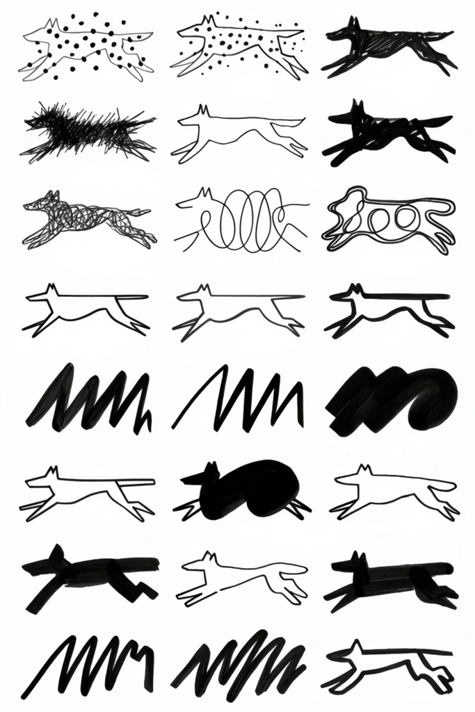 grid of abstract leaping canine silhouettes facing left, black ink on solid white background, diverse drawing styles, varying line weights, clusters of dots, dense spiky scribbles, continuous looping contour lines, sharp jagged zigzag strokes, thick bold marker blobs, minimalist geometric outlines, gestural ink explorations, flat graphic composition, monochrome visual taxonomy