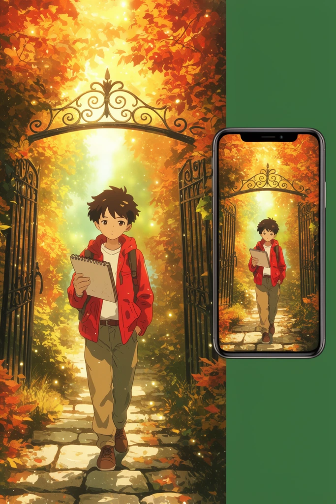 A split layout displays an anime-style illustration on the left and a smartphone showing the same artwork on the right, against a green background with floating particles. The artwork depicts a boy in a red jacket walking a stone path holding a sketchbook, framed by dense autumn foliage, an open iron gate, and glowing ethereal sunlight.