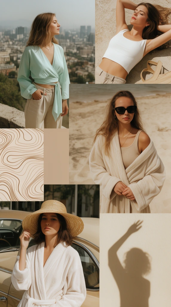 aesthetic lifestyle photography mood board collage, harmonious beige and earth tone palette, overlapping photos of young women in casual summer fashion, woman in mint wrap top viewing city skyline, woman sunbathing in white crop top, woman in bathrobe with dark sunglasses, woman in straw hat near vintage car, silhouette shadow of raised arm on a wall, solid beige color blocks, abstract wavy contour line patterns, soft warm natural lighting, candid scrapbook composition