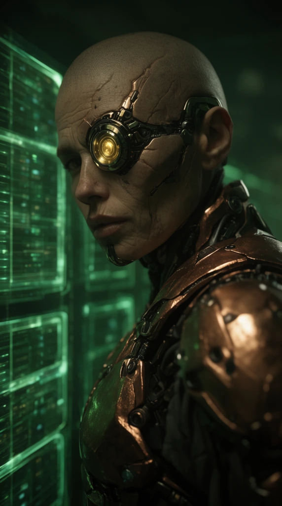 A bald cyborg operative with a glowing gold ocular implant and bronze-plated armor peers over their shoulder. Metallic scarring marks their weathered skin. A blurred background reveals glowing green holographic server racks casting vibrant neon rim light. The cinematic composition features shallow depth of field, dramatic low-key lighting, and a rich green-and-bronze color palette.