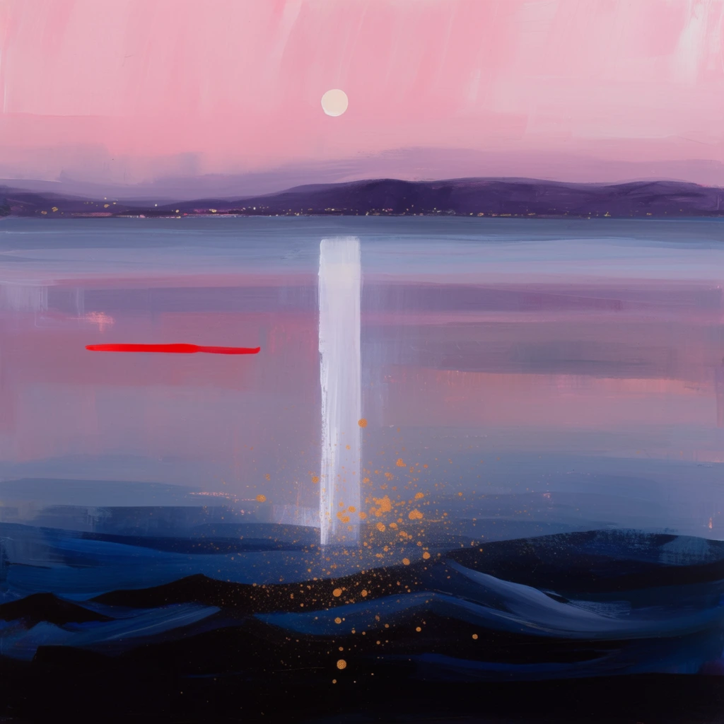 An abstract, impressionistic painting of a twilight seascape layered in horizontal bands of pastel pink, muted purple, and deep navy blue. A pale white celestial disc hangs in the softly brushed pink sky, casting a stark, vertical pillar of white light down the center of the water. A low, dark purple mountain range stretches across the horizon, dotted with faint yellow lights. A single, vibrant red horizontal stroke floats on the left side of the middle distance, providing sharp color contrast against the soft reflections. The foreground features dark, undulating waves in deep blue and black, textured with scattered golden-orange paint splatters speckling the lower half of the white light pillar. The composition balances atmospheric blending in the sky and water against heavier, opaque foreground strokes and precise, isolated accent marks of red and gold.