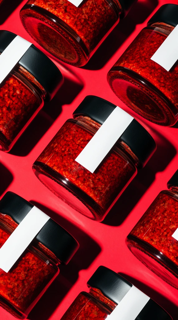 An overhead close-up of cylindrical glass jars arranged in a diagonal grid against a vibrant crimson surface. Filled with a coarse, speckled red substance in oil, the contents are distinctly visible through the thick glass bases. Each jar features a matte black lid and a stark white paper band. Intense lighting from the upper left casts deep, hard-edged black shadows, creating a high-contrast, dynamic graphic composition. The bold color palette of vivid red, crisp white, and deep black emphasizes the tight geometric repetition and the glossy, saturated textures of the jars.