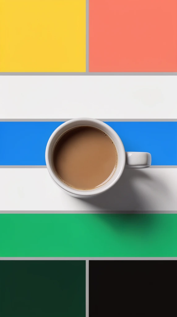 top-down view of a white ceramic mug of milky brown coffee, soft drop shadow falling to the lower right, resting on a flat geometric background of crisp rectangular color blocks, horizontal bands of white and bright blue layered with solid color fields of yellow, coral, bright green, dark forest green, and black rectangles separated by thin gray lines, minimalist flat lay composition, sharp abstract 2D graphic art juxtaposed with photorealistic 3D photography, crisp overhead lighting