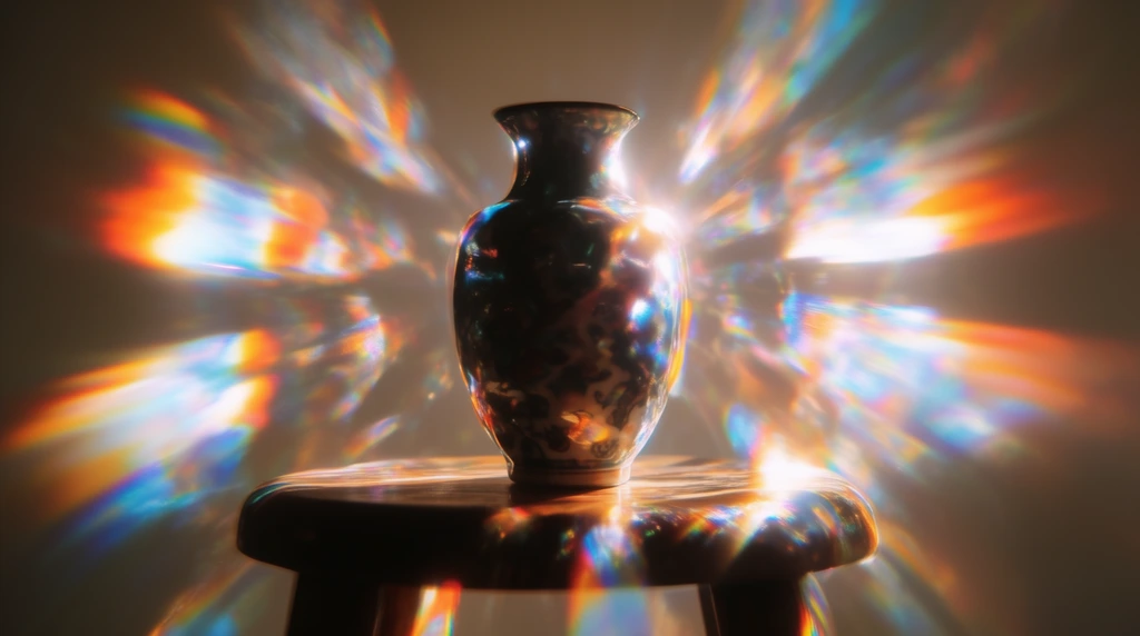 A single patterned vase sits in the center of a round wooden stool against a plain background, enveloped in an intense, prismatic light refraction effect. Blinding, kaleidoscopic spectral flares in vibrant orange, cyan, yellow, red, and blue radiate explosively outward from the center, casting the vase and stool into deep, high-contrast silhouettes edged with gleaming, iridescent highlights. Extreme chromatic aberration, severe optical distortion, and soft-focus blooming obscure the spatial boundaries, simulating a view through a thick, faceted crystal lens. Symmetrical, radial light bursts and heavy chromatic ghosting bleed across the patterns of the vase and the curved edges of the wooden stool, filling the plain background with glowing color shifts, dramatic lens artifacts, and radiant spectral light streaks.