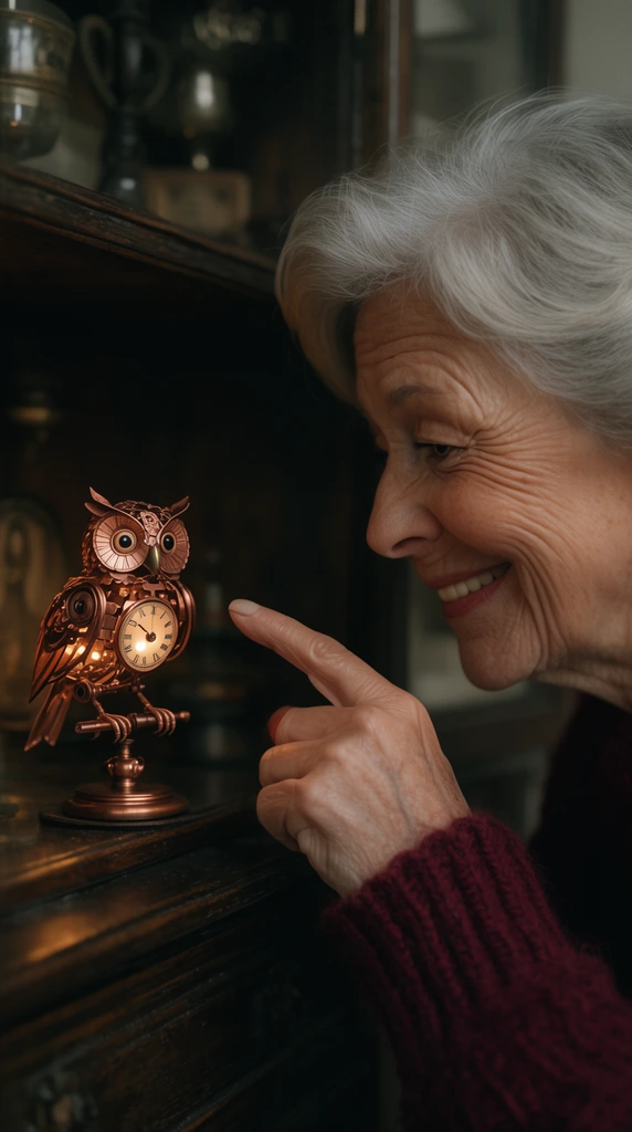 A cinematic close-up of a smiling elderly woman with silver hair pointing at a tiny, glowing copper clockwork owl. The intricate miniature automaton stands on a dark wooden shelf inside a dimly lit antique cabinet. She wears a chunky burgundy sweater. The softly blurred background features indistinct vintage objects under warm ambient lighting, captured with a shallow depth of field.