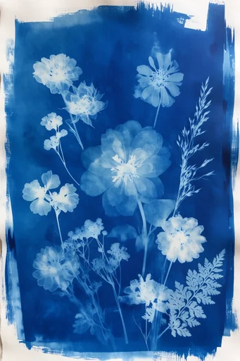 Ethereal Cyanotype Botanical style reference image — spectral double exposure