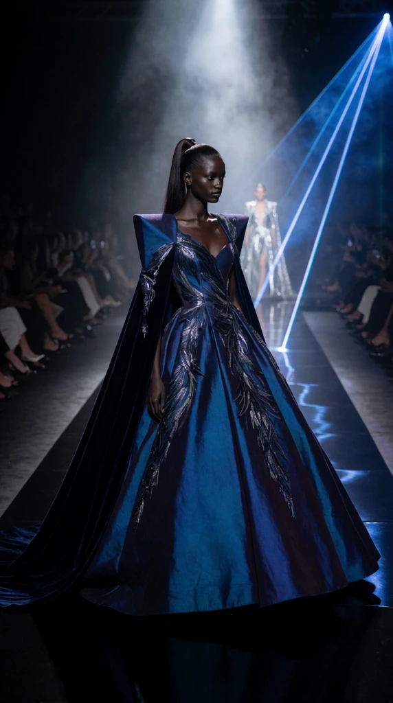 A model with deep bronze skin and a slicked-back high ponytail strides down a glossy black catwalk during a dramatic high-fashion runway show. She wears an iridescent deep blue structured ballgown featuring rigid geometric shoulders, cascading metallic silver embroidery, and a sweeping velvet cape. Azure laser beams pierce through light atmospheric haze, illuminating the scene with stark chiaroscuro lighting. In the blurred background, rows of seated spectators fade into deep shadow on either side of the runway, while a second model in a silver ensemble approaches from the far end. The low camera angle captures the avant-garde editorial atmosphere, emphasizing the bold textures of the garment and the striking contrast between the intensely lit runway and the dark audience area.
