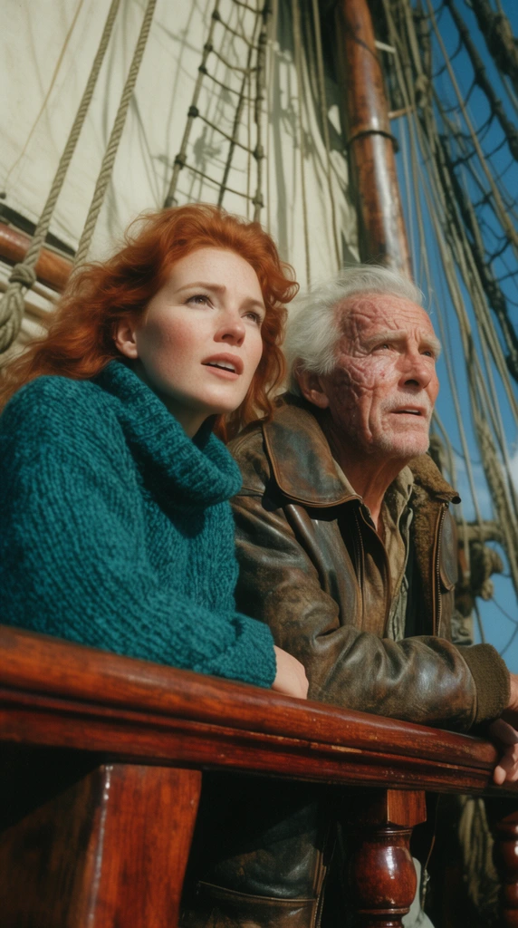 A redheaded woman and an elderly scarred man lean against the polished mahogany railing of a wooden galleon. Wearing a chunky teal turtleneck, she gazes rightwards with an awestruck expression. The man, clad in a weathered leather aviator jacket, looks outward with anticipation. Heavy rigging ropes and canvas sails fill the background, rendered with a cinematic analog film aesthetic, a low-angle perspective, and vibrant sunlight.